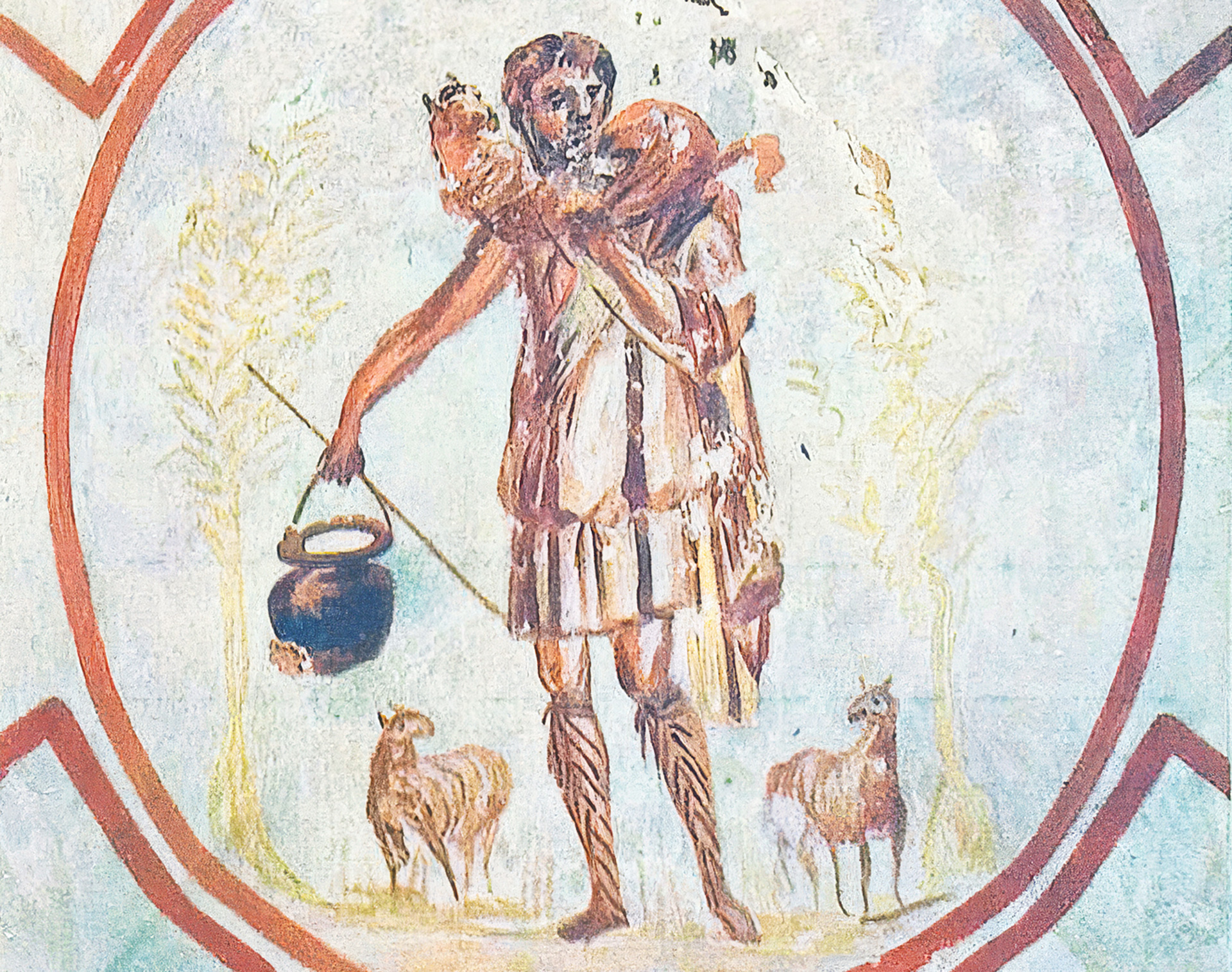 Jesus als guter Hirte auf einem Fresko des 3. Jahrhunderts in Rom.