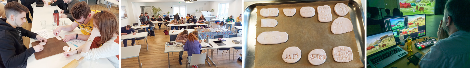Frühere Keilschrift-Workshops: bei der Premiere der Kinder-Multimediaproduktion »Turmbau zu Babel« im Juni 2022, dann an der Bibelschule in Ostfriesland im März 2024.