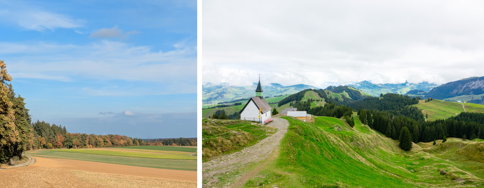 Links herbstliche Felder in der Nähe von Sulz am Eck, rechts eine Kapelle auf einem Höhenzug im Appenzellerland